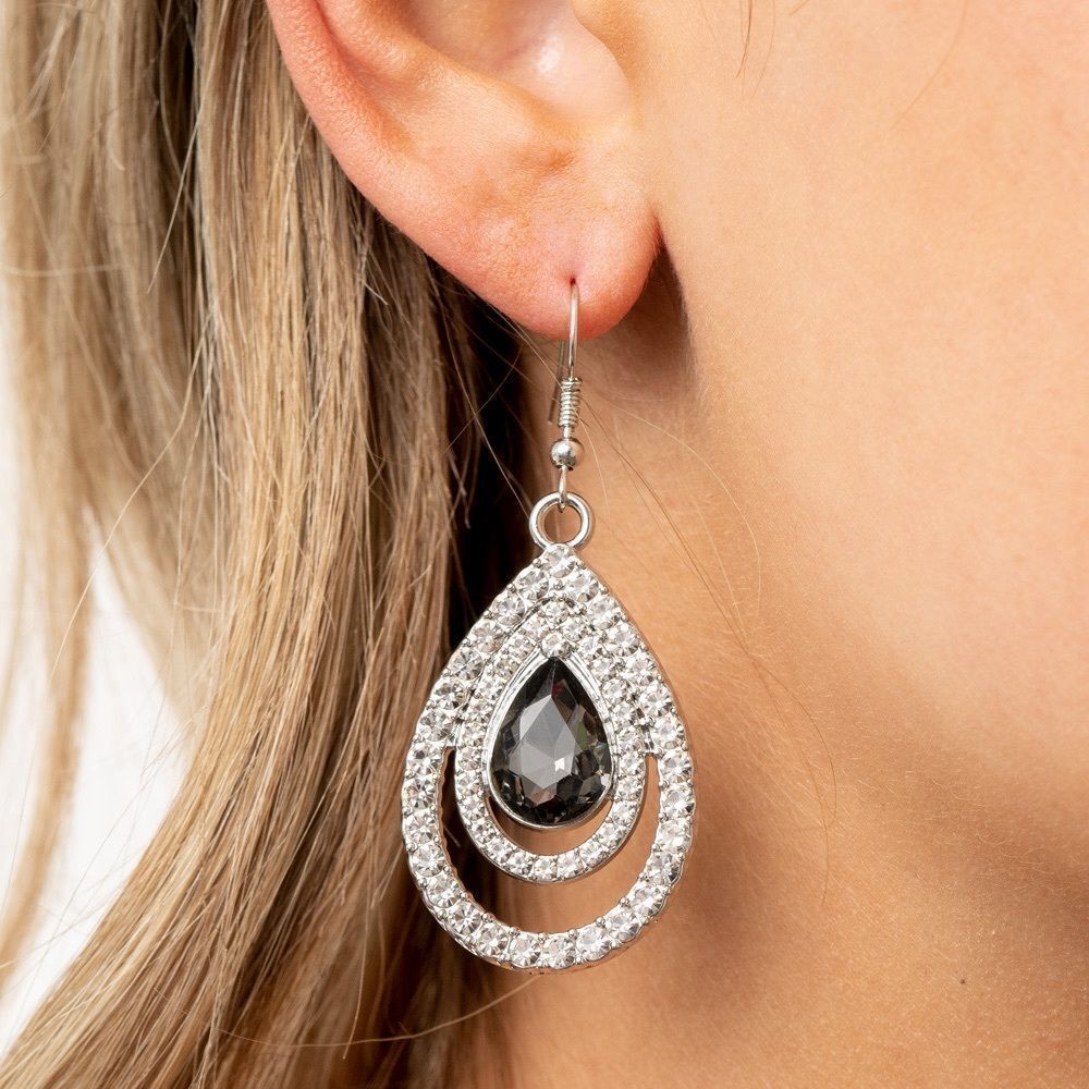 White and hematite rhinestone teardrop earrings